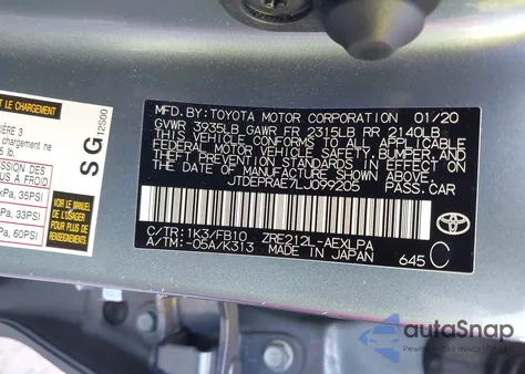 2020 Toyota Corolla Le из США, поврежденный, VIN JTDEPRAE7LJ099205